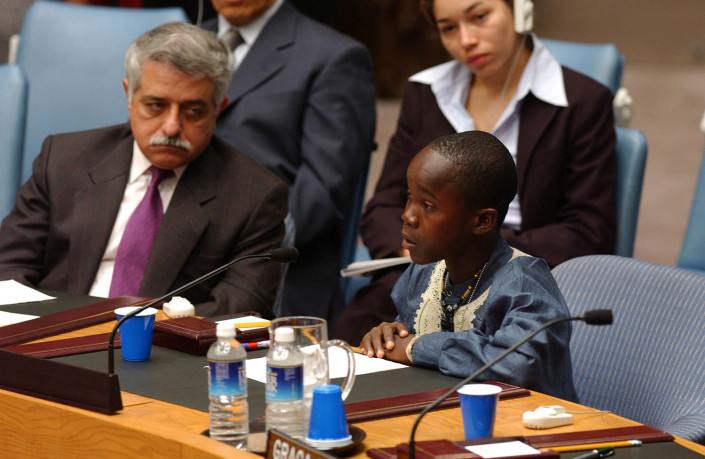 Wilmot, a child delegate from Liberia, addresses the United Nations Security Council.