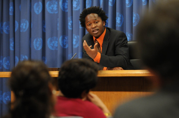 Former child soldier and author Ismael Beah speaks at a press conference at the United Nations.