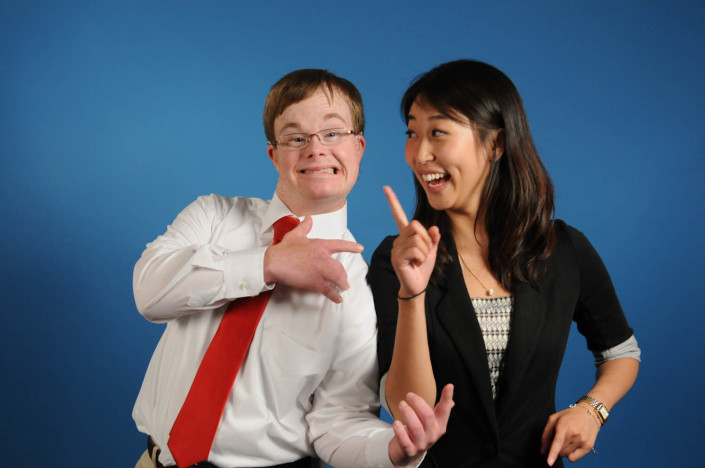 Studio portrait of disability activist Special Olympics Athlete Jared Niemeyer, 22, and Special Olympics International Global Youth Activation Program Specialist Jenny Zhong