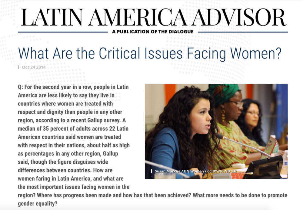 Photograph of an adolescent girl addressing a meeting at the UN, featured in Latin America Advisor.