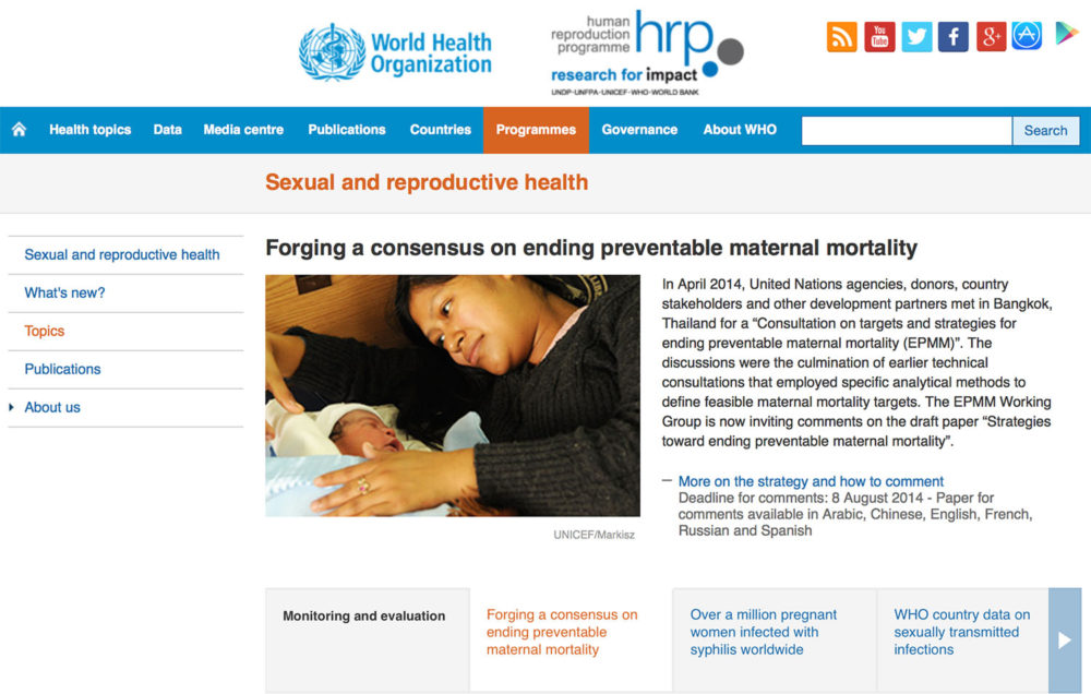 World Health Organization screen capture showing a photograph of a woman holding her newborn infant in Guatemala.