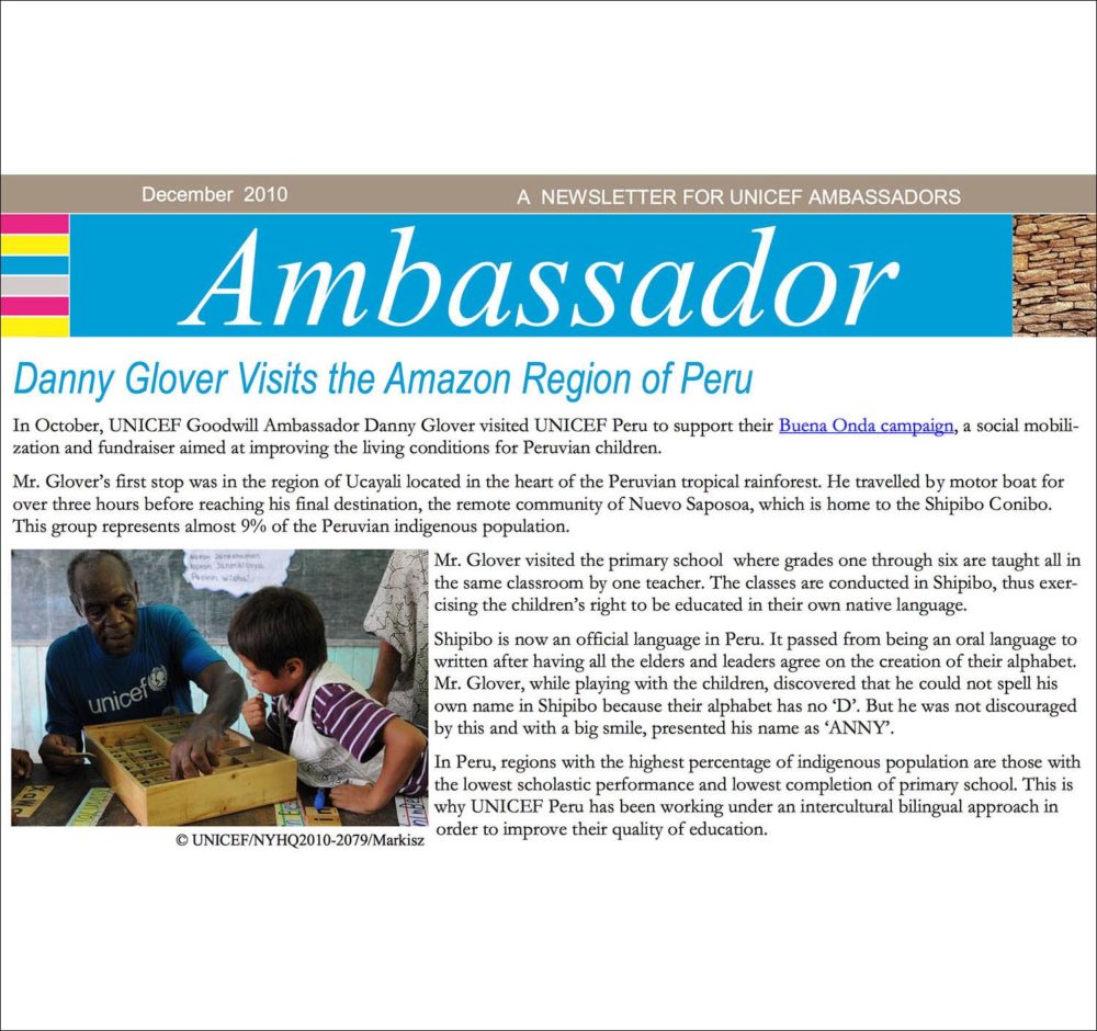 Screen capture of US Fund for UNICEF newsletter on UNICEF Goodwill Ambassadors with a photograph of Danny Glover and a young Peruvian student.