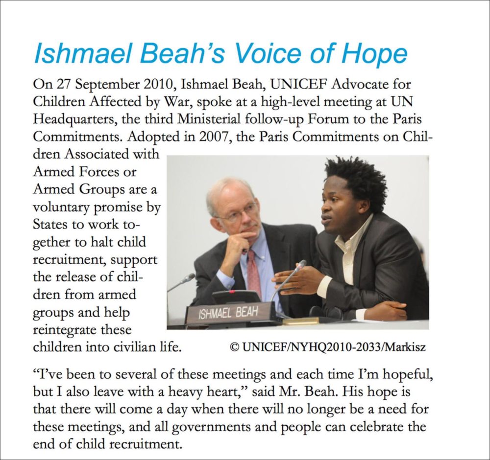 Screen capture of US Fund for UNICEF newsletter on UNICEF Goodwill Ambassadors showing a photograph of UNICEF Executive Director Anthony Lake and Ishmael Beah.