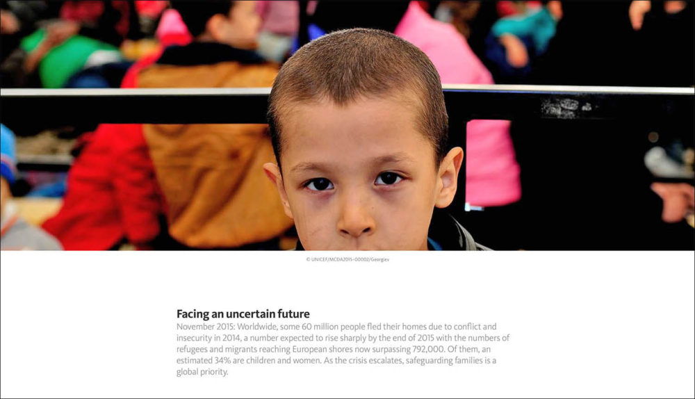 Screen capture of a web page featuring a young refugee boy looking into the camera.
