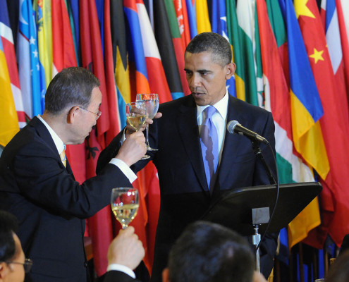 UN Secretary-General Ban Ki-moon and US President Barack Obama during a ceremonial toast at the United Nations.
