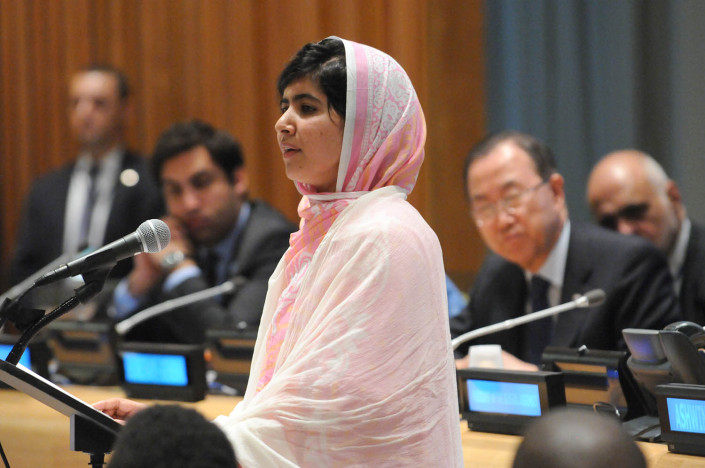 Education activist Malala Yousafzai of Pakistan addresses youth delegates at the Malala Day celebration at the UN.