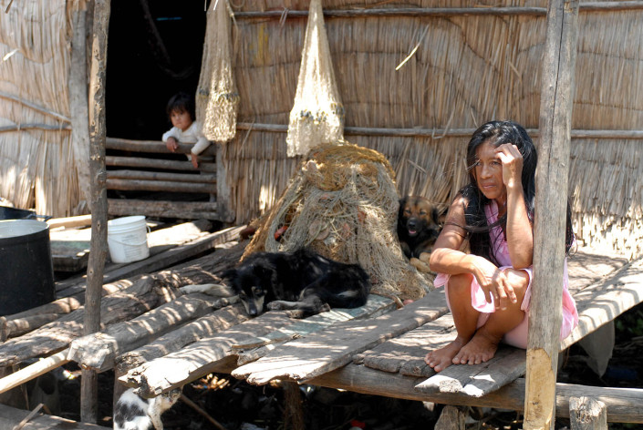 An indigenous Añu woman sits on a makeshift wooden dock outside her home above a lagoon as dogs laze nearby and her daughter leans out of a window, in Laguna de Sinamaica, Venezuela.