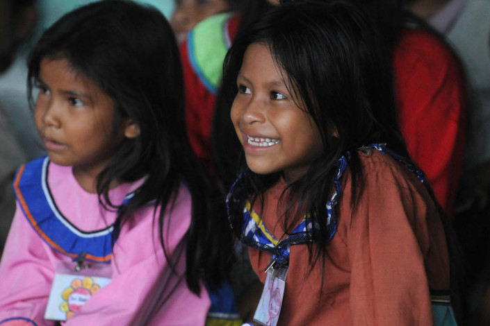 Girls participate in a language class in the indigenous Shipibo-Conibo community of Nuevo Saposoa in the Peruvian Amazon.