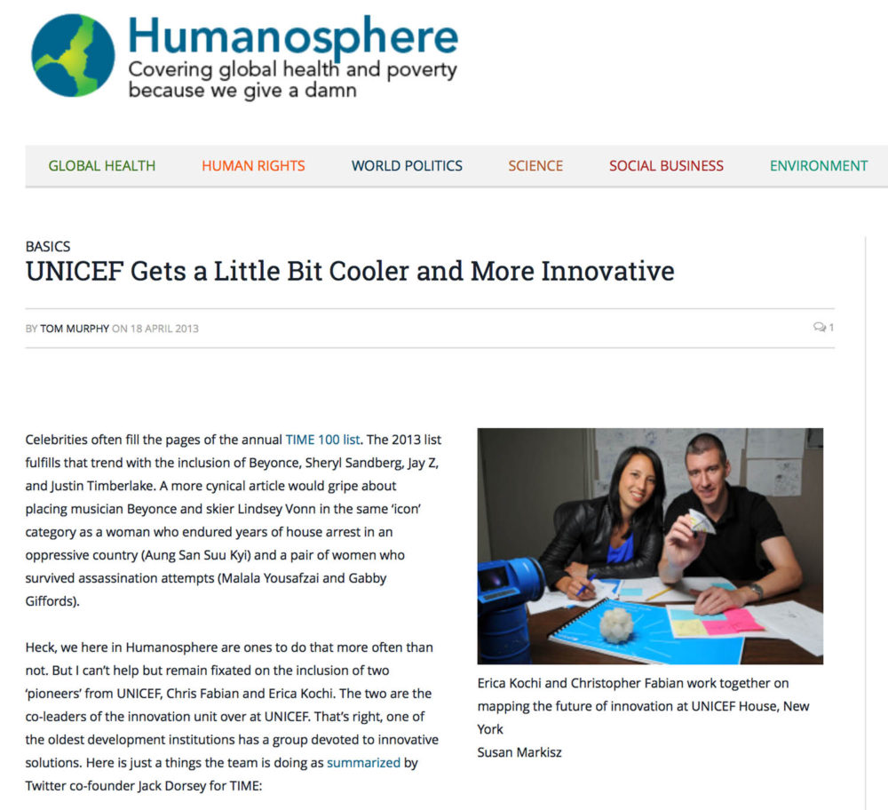 Screen capture of Humanosphere page showing a photograph of UNICEF innovators Chris Fabian and Erica Kochi.