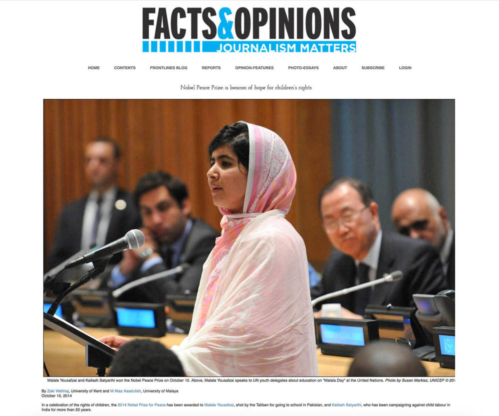 Screen capture from Journalism Matters showing education activist Malala Yousafzai addressing the UN for the first time.