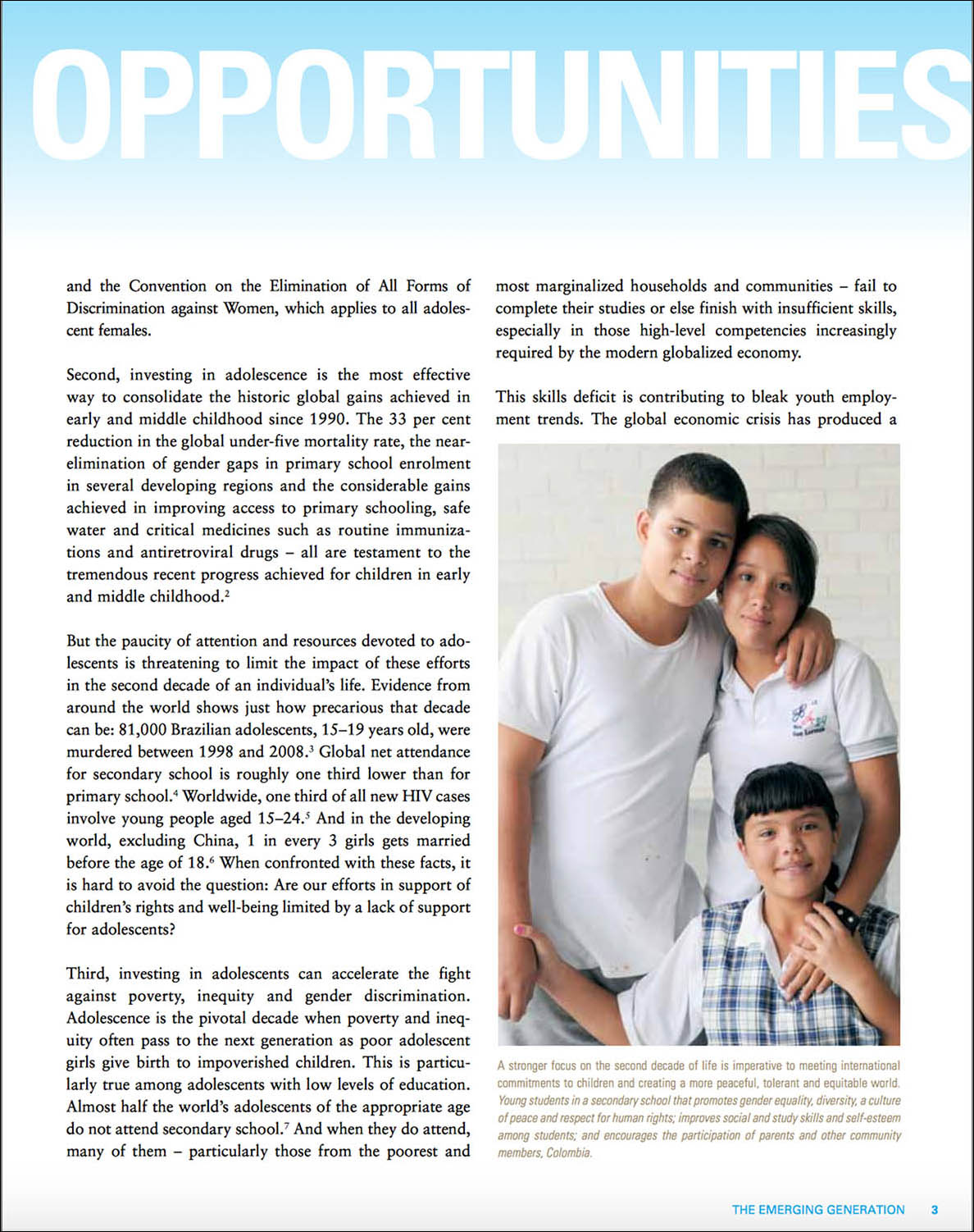 Screen capture of a page from a report showing 2 adolescent girls and an adolescent boy in Colombia.