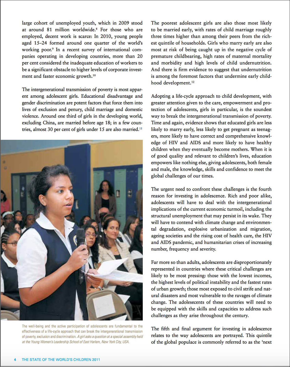 Screen capture of a page from a report showing a girl speaking from a microphone at a Harlem, NY school.