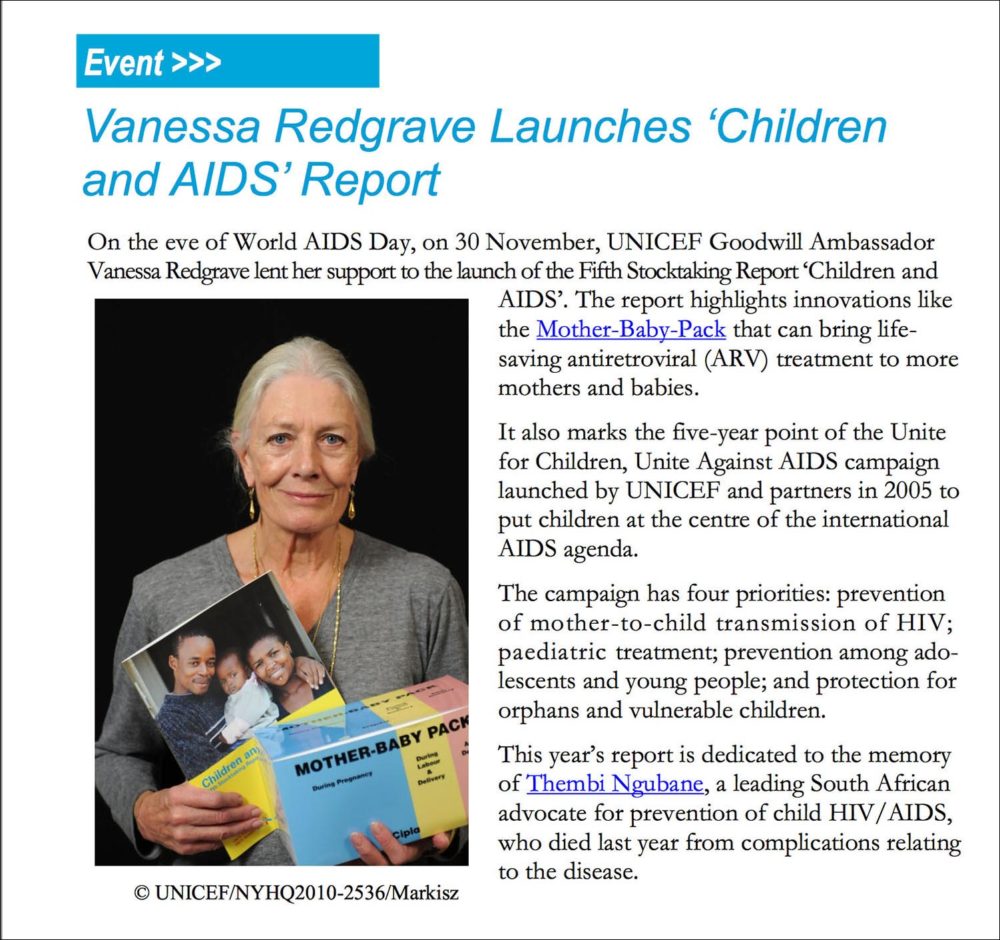 Screen capture of US Fund for UNICEF newsletter on UNICEF Goodwill Ambassadors with a photograph of Vanessa Redgrave.