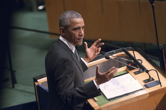 Close-up photo of US President Barack Obama gesturing at the podium during a speech at the UN.