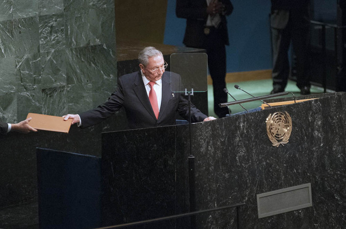Cuban President Raul Castro speaks at the United Nations General Assembly podium.