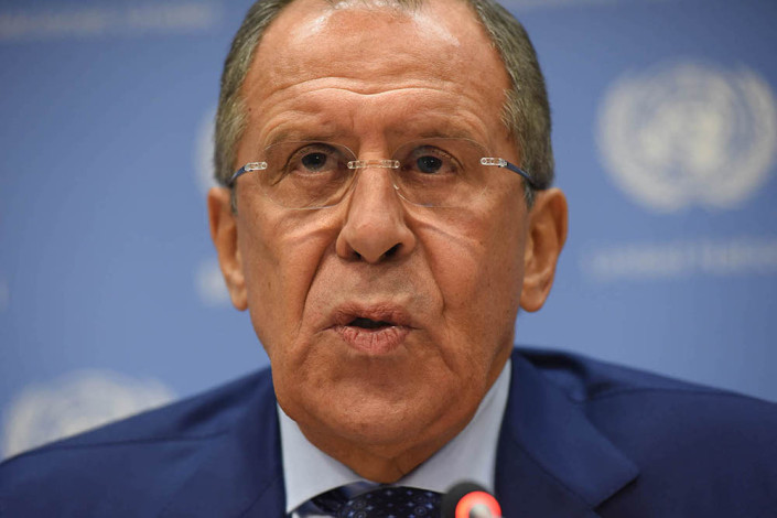 Close-up of Russian Foreign Minister Sergey Lavrov as he speaks to media during a United Nations press conference.